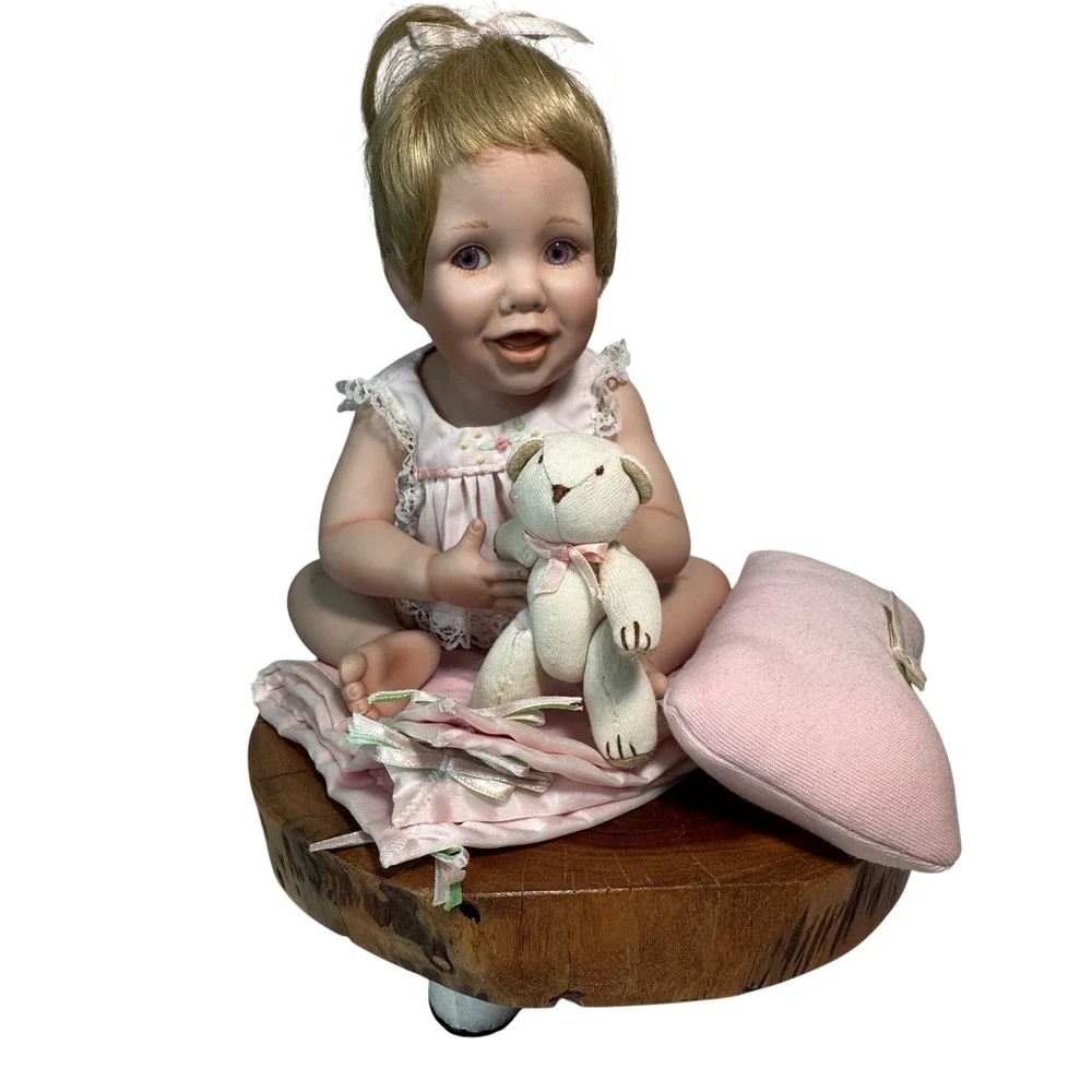 Vintage Ashton Drake 1993 Porcelain Baby Doll Pink Lace Outfit Teddy Bear